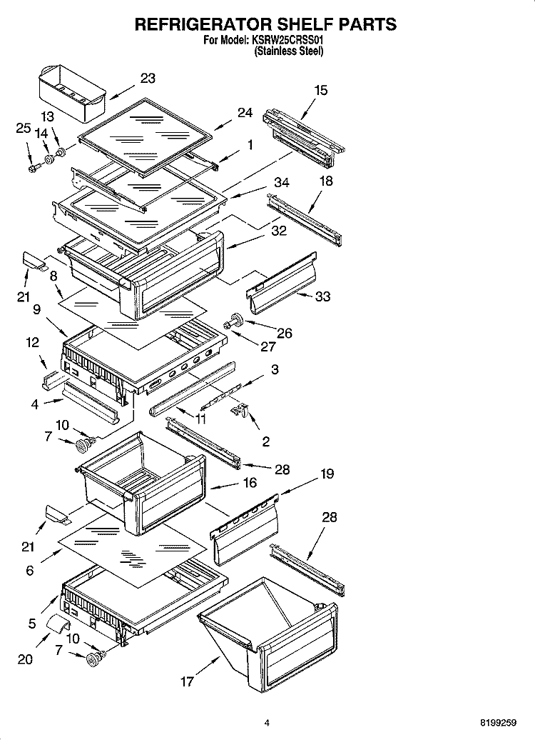 REFRIGERATOR SHELF PARTS Diagram and Parts List for KSRW25CRSS01  KitchenAid Refrigerator