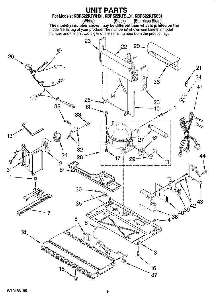 UNIT PARTS Diagram and Parts List for KBRS22KTSS01  KitchenAid Refrigerator