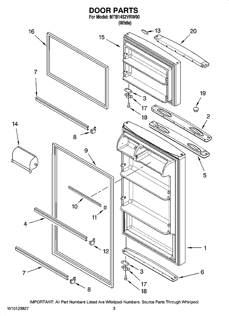 DOOR PARTS Diagram and Parts List for MTB1452VRW00  Whirlpool Refrigerator