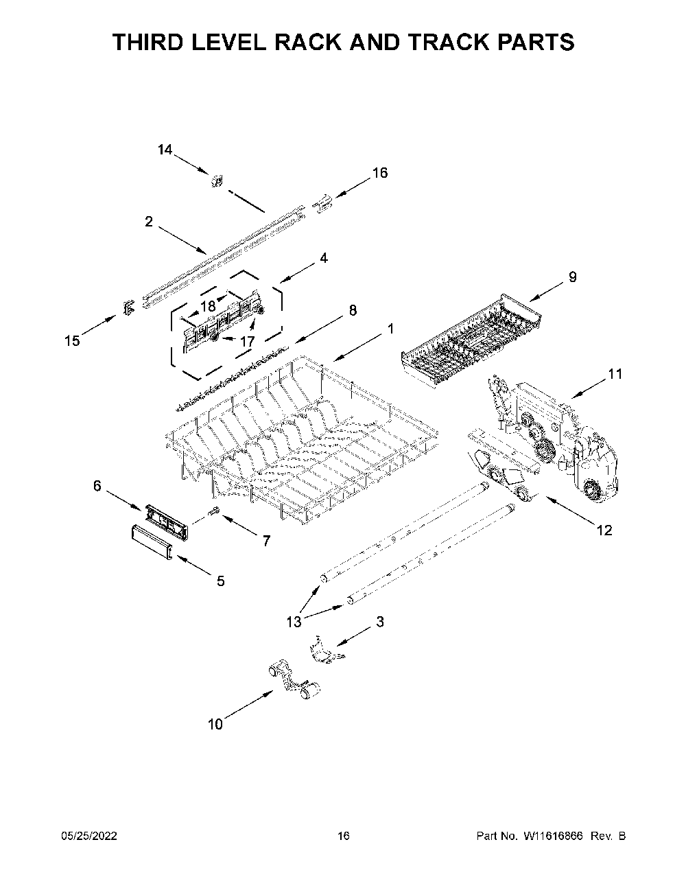 Third Level Rack And Track Parts Diagram and Parts List for KDTM604KBS1  KitchenAid Dishwasher