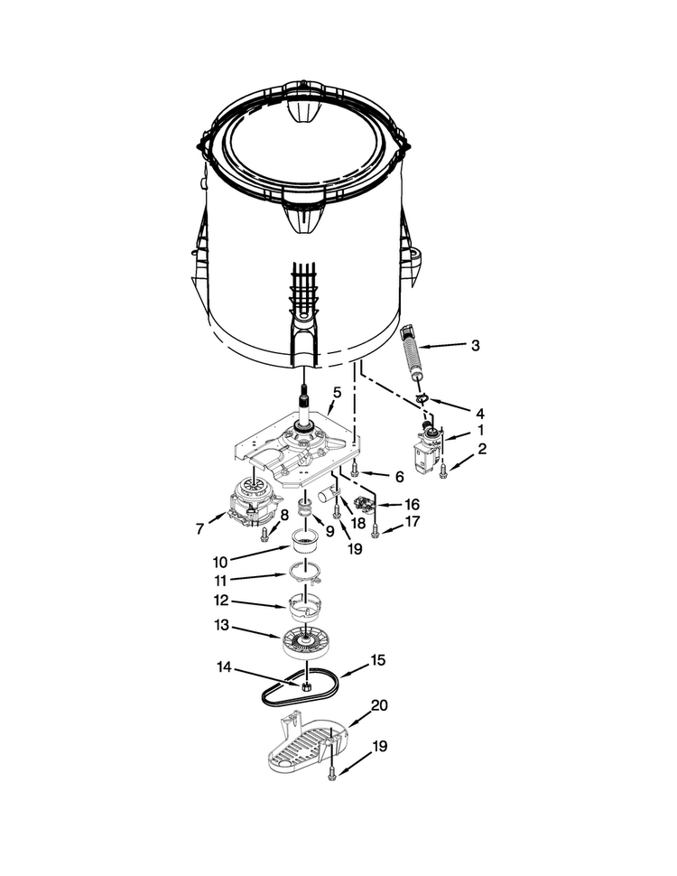 Gearcase, Motor And Pump Parts Diagram and Parts List for 4KWTW4730EQ0  Whirlpool Washer