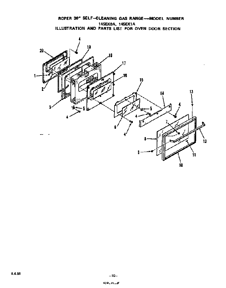 Oven Door Diagram and Parts List for 1456*0A  Roper Range