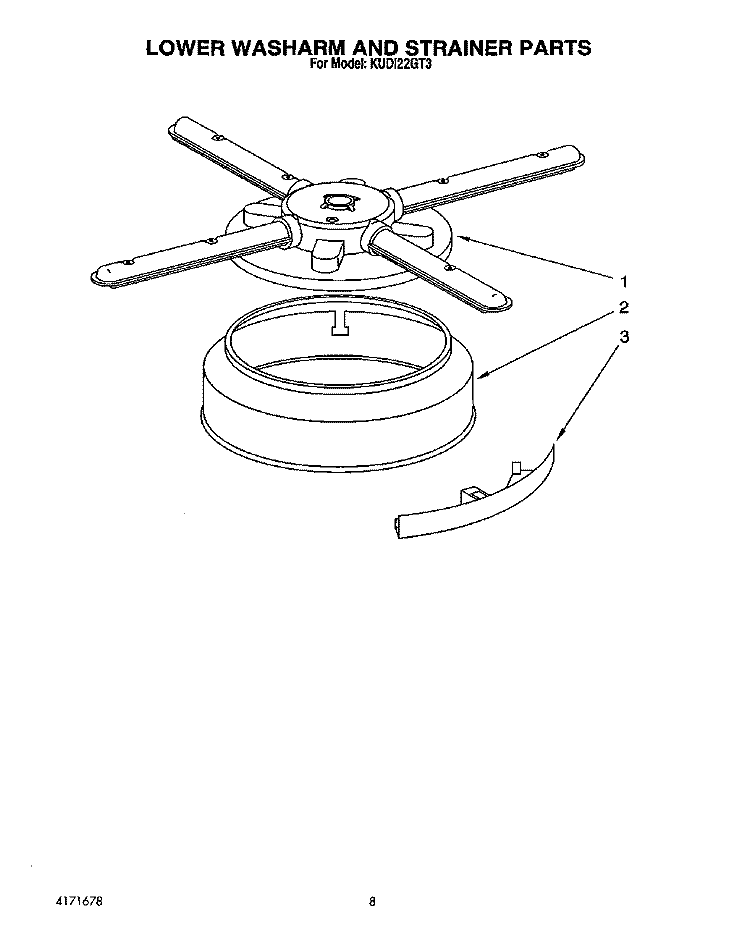 LOWER WASHARM AND STRAINER Diagram and Parts List for KUDI22GT3  KitchenAid Dishwasher
