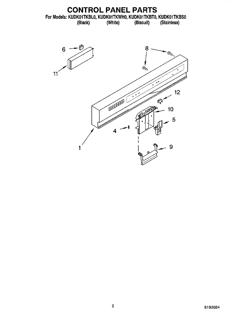 CONTROL PANEL PARTS Diagram and Parts List for KUDK01TKBS0  KitchenAid Dishwasher