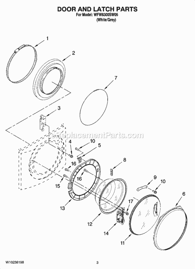 Door And Latch Parts Diagram and Parts List for WFW8300SW05  Whirlpool Washer