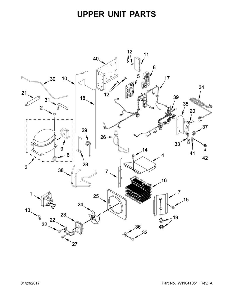 Upper Unit Parts Diagram and Parts List for KBFN506EPA01  KitchenAid Refrigerator
