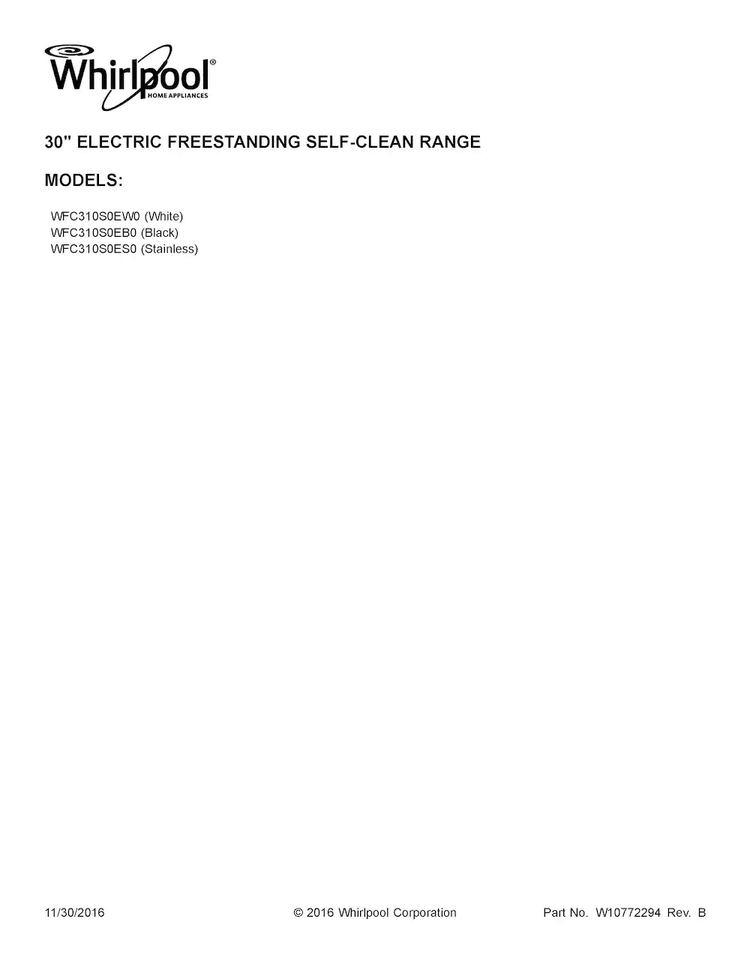 Cover Sheet Diagram and Parts List for WFC310S0EW0  Whirlpool Range