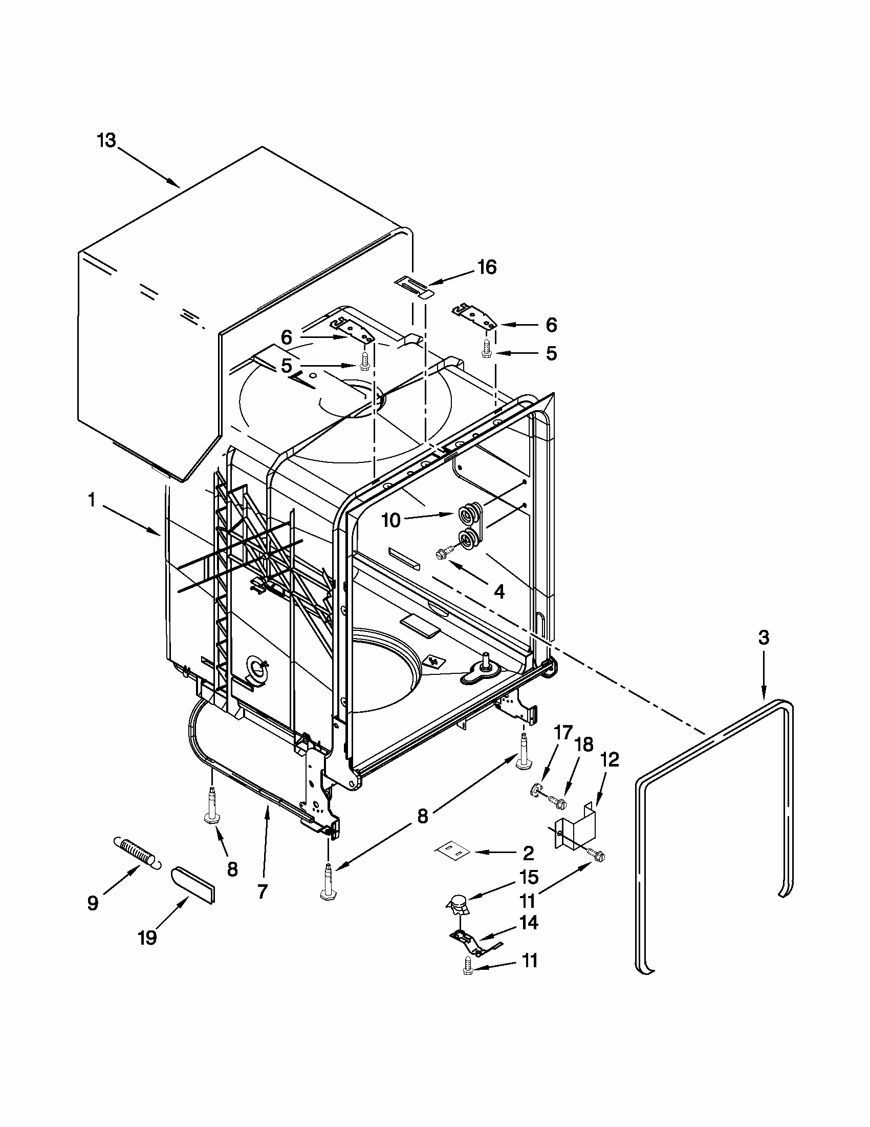 Tub And Frame Parts Diagram and Parts List for 66513272K112  Kenmore Dishwasher