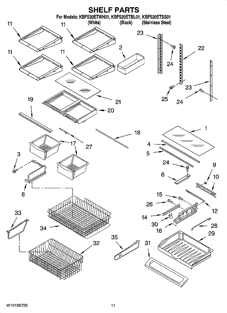 SHELF PARTS Diagram and Parts List for KBFS20ETWH01  KitchenAid Refrigerator