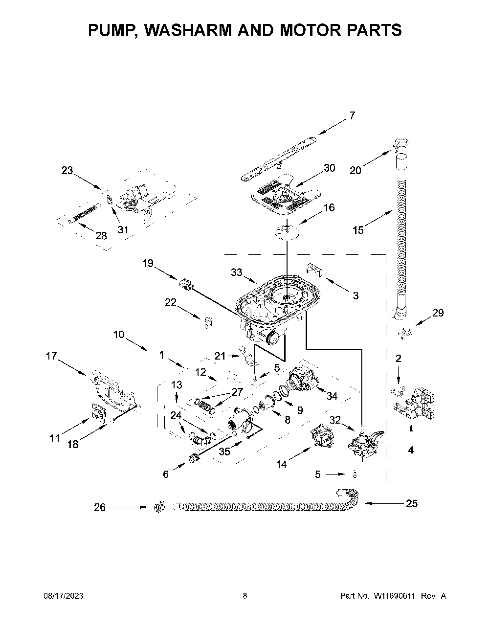 Pump, Washarm And Motor Parts Diagram and Parts List for KDTM804KBS2  KitchenAid Dishwasher