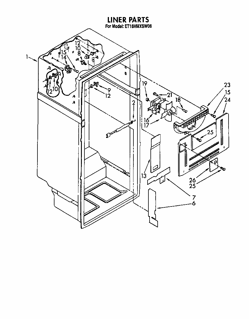 Liner Diagram and Parts List for S22QFWH00  Whirlpool Refrigerator