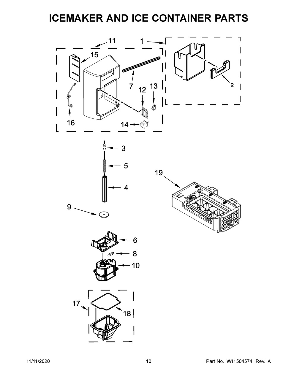 Icemaker And Ice Container Parts Diagram and Parts List for KRSC700HBS01  Whirlpool Refrigerator