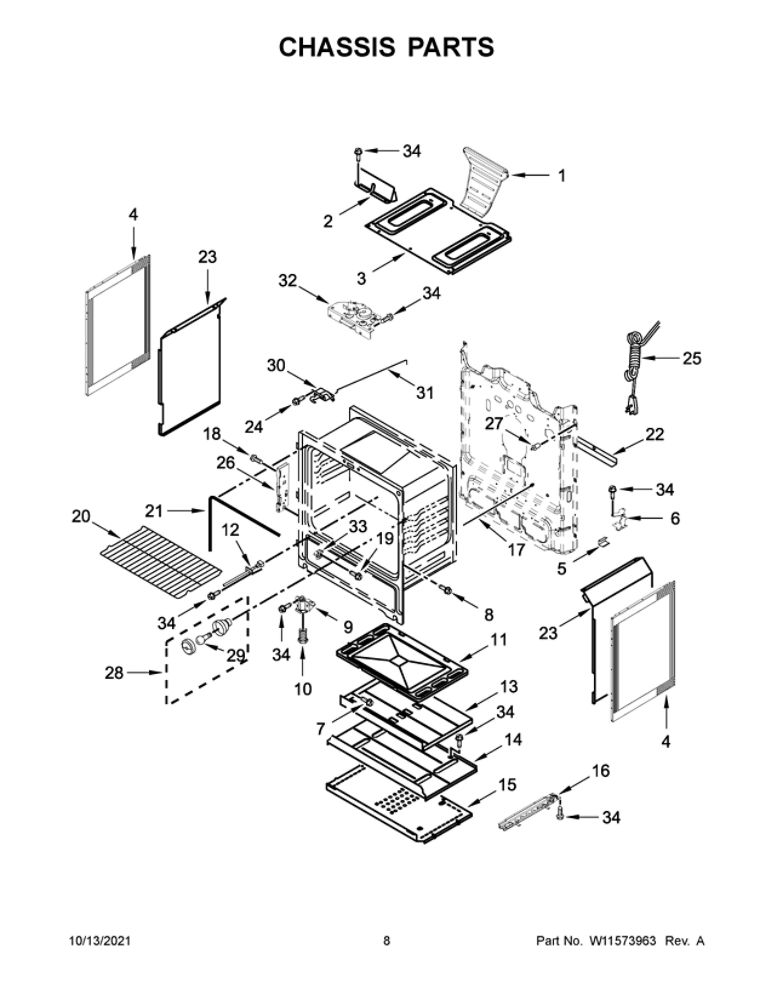 Chassis Parts Diagram and Parts List for WFG525S0JW2  Whirlpool Range