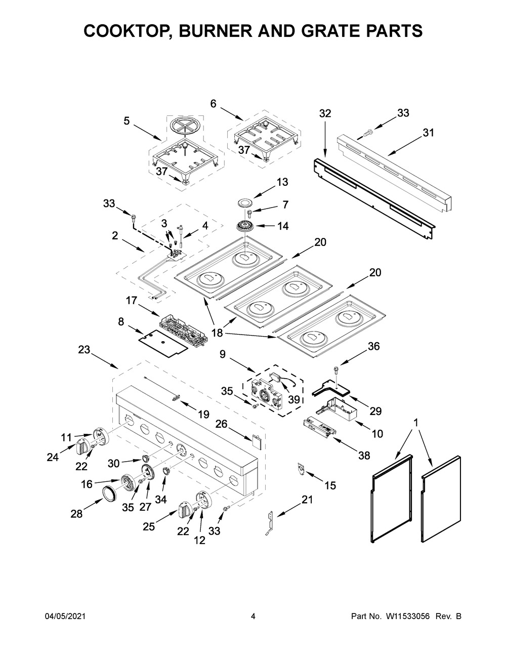 Cooktop, Burner And Grate Parts Diagram and Parts List for KFGC506JYP02  Whirlpool Range