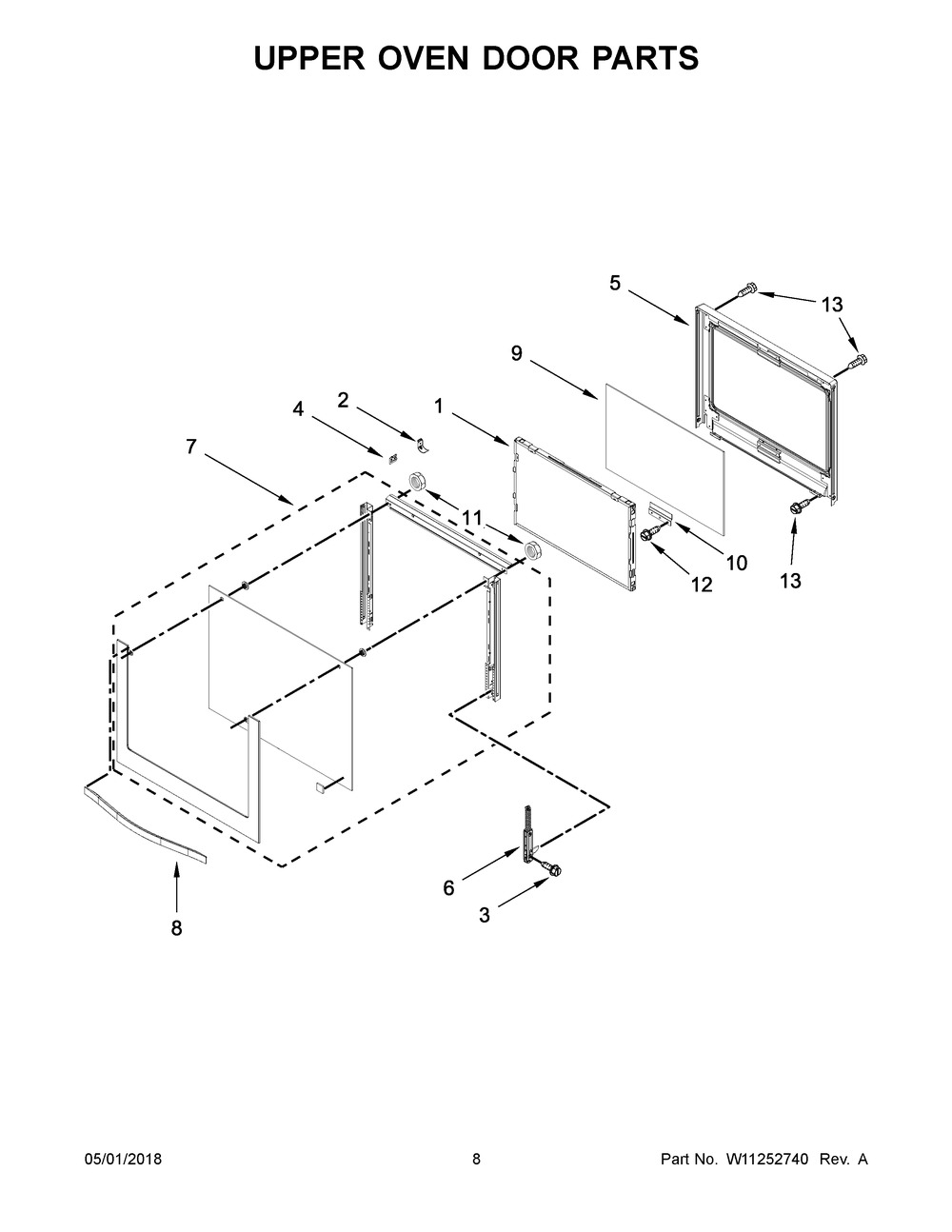 Upper Oven Door Parts Diagram and Parts List for WOD51EC0AB06  Whirlpool Wall Oven