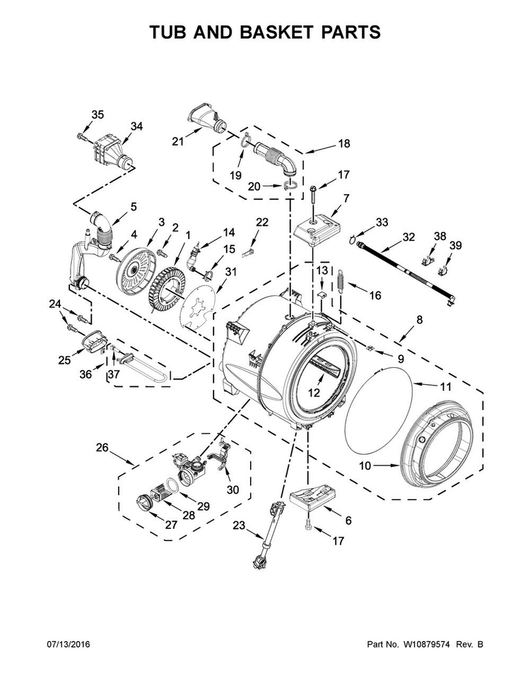 Tub And Basket Parts Diagram and Parts List for WFW87HEDW1  Whirlpool Washer