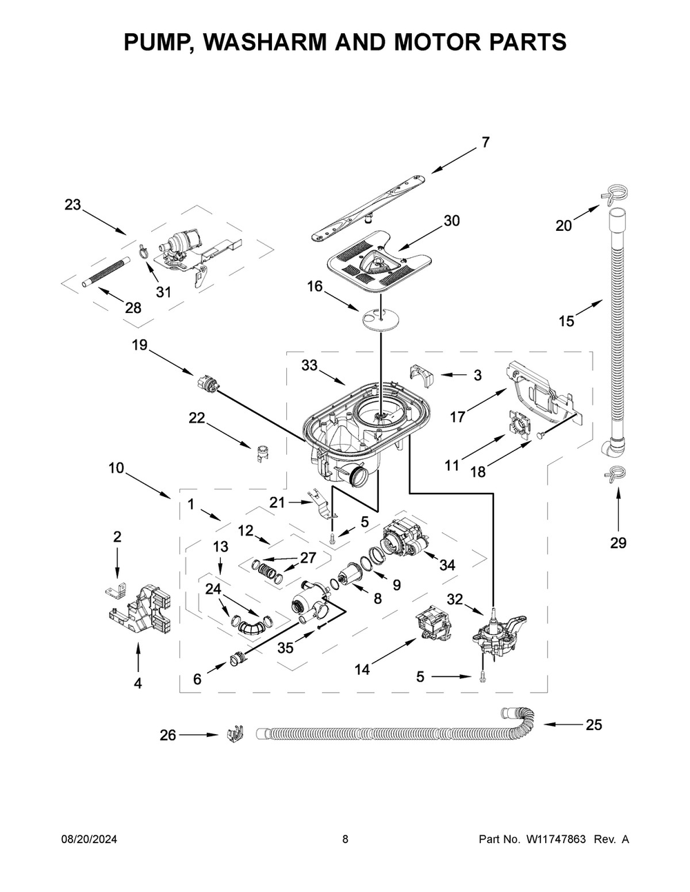 05 - Pump, Washarm And Motor Parts Diagram and Parts List for KDTM704KPS3  Whirlpool Dishwasher