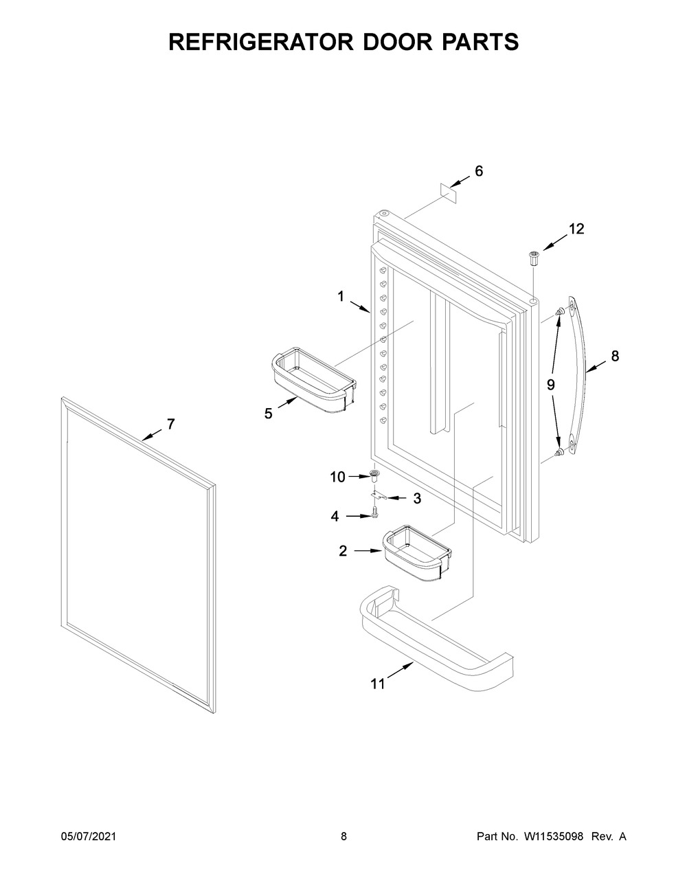 Refrigerator Door Parts Diagram and Parts List for WRB329LFBM03  Whirlpool Refrigerator