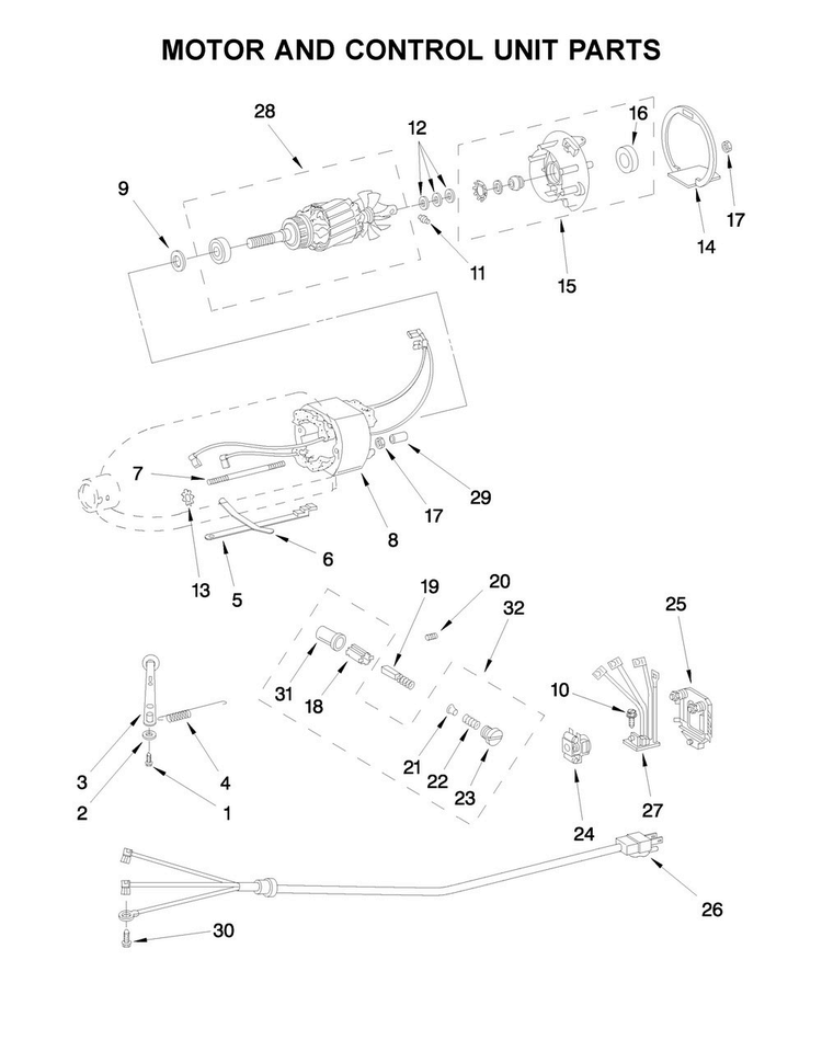 Motor And Control Unit Parts Diagram and Parts List for 5K45SSEOB4  KitchenAid Mixer