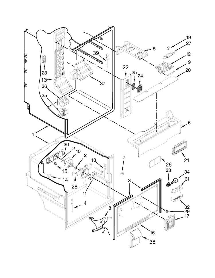 Liner Parts Diagram and Parts List for WRF560SFYB05  Whirlpool Refrigerator