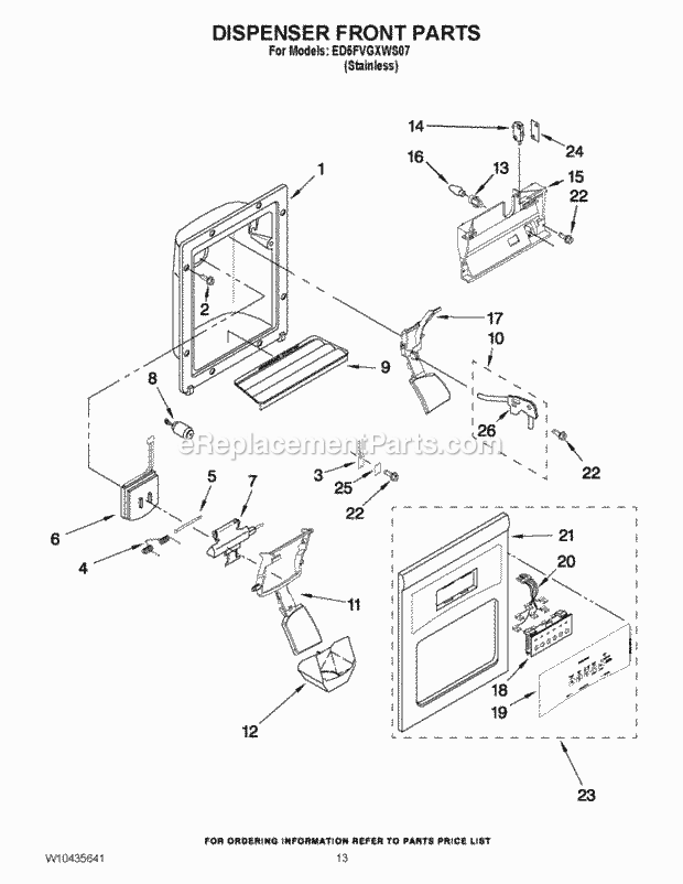 DISPENSER FRONT PARTS Diagram and Parts List for ED5FVGXWS07  Whirlpool Refrigerator