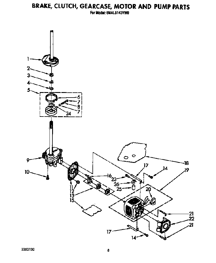 Brake, Clutch, Gearcase, Motor And Pump Diagram and Parts List for 6MAL5143VW0  Whirlpool Washer