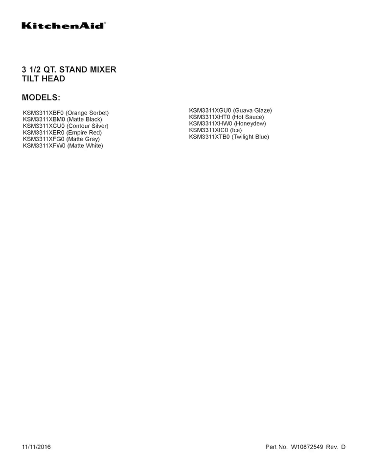 Cover Sheet Diagram and Parts List for KSM3311XHT0  KitchenAid Mixer