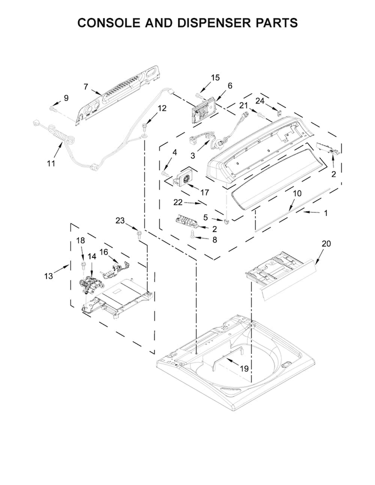 Console And Dispenser Parts Diagram and Parts List for WTW8500DR1  Whirlpool Washer