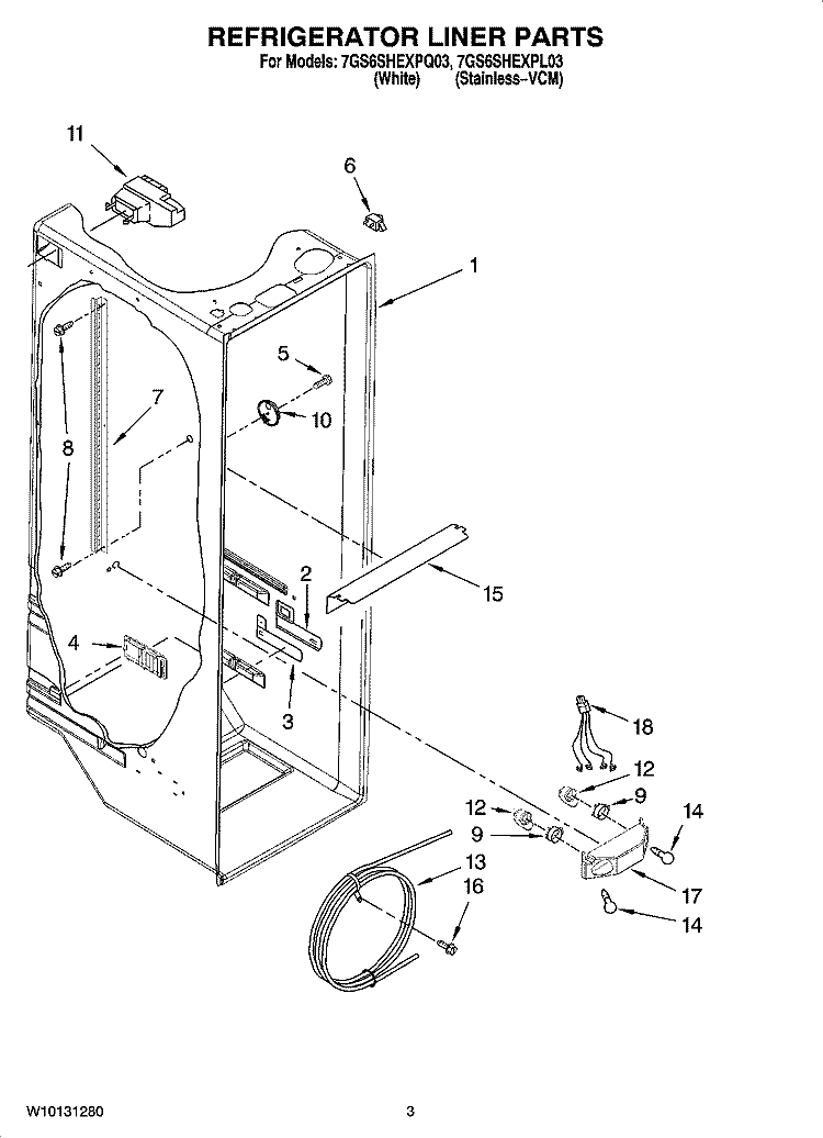 REFRIGERATOR LINER PARTS Diagram and Parts List for 7GS6SHEXPQ03  Whirlpool Refrigerator