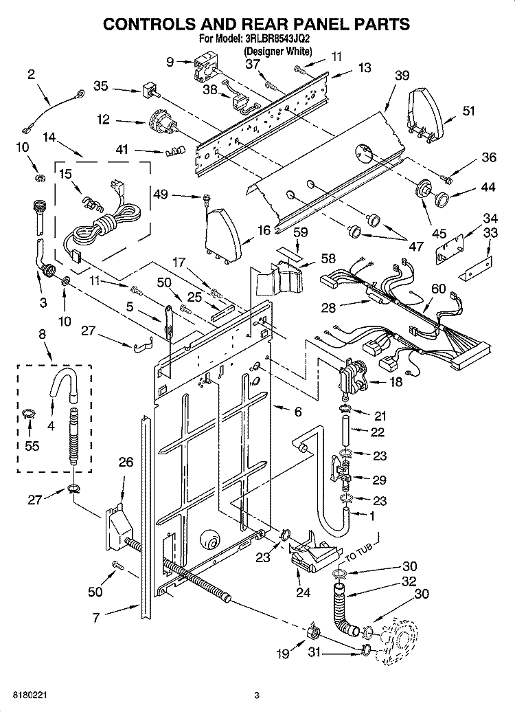 CONTROLS AND REAR PANEL PARTS Diagram and Parts List for 3RLBR8543JQ2  Whirlpool Washer