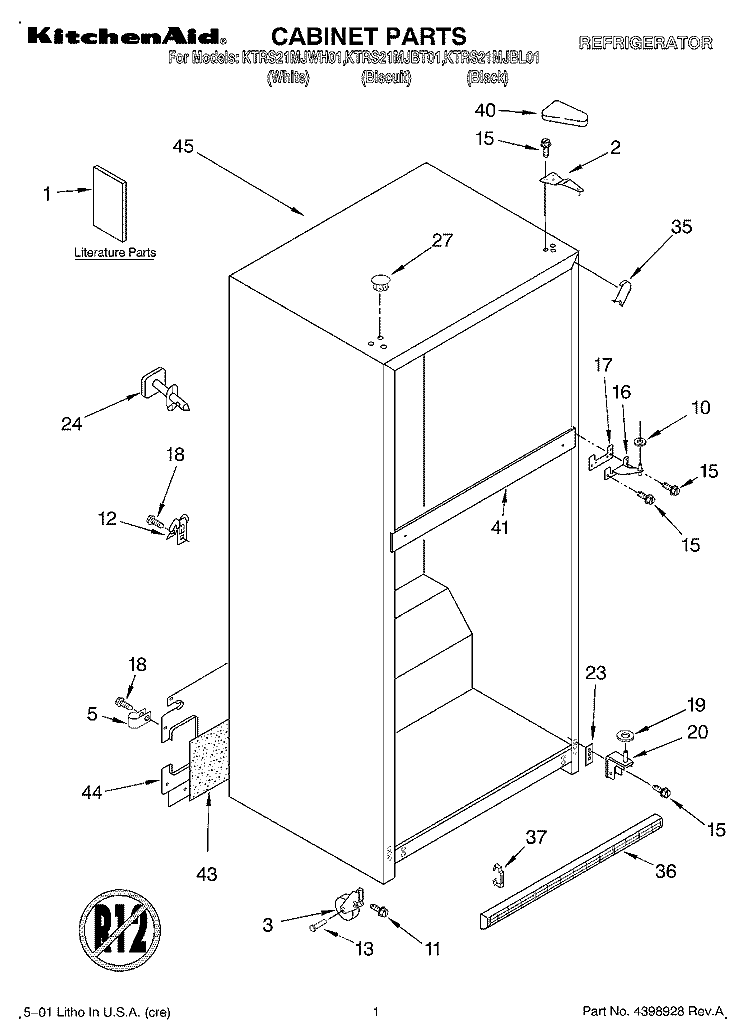 CABINET, LITERATURE Diagram and Parts List for KTRS21MJBL01  KitchenAid Refrigerator