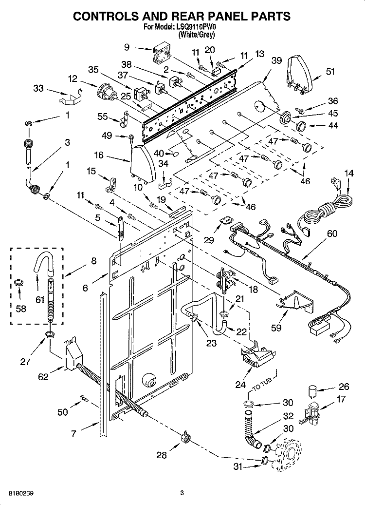 CONTROLS AND REAR PANEL PARTS Diagram and Parts List for LSQ9110PW0  Whirlpool Washer