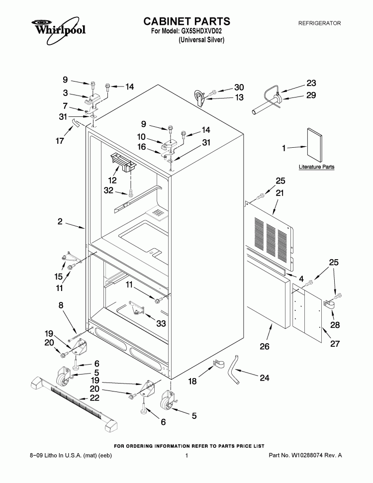 CABINET PARTS Diagram and Parts List for GX5SHDXVD02  Whirlpool Refrigerator