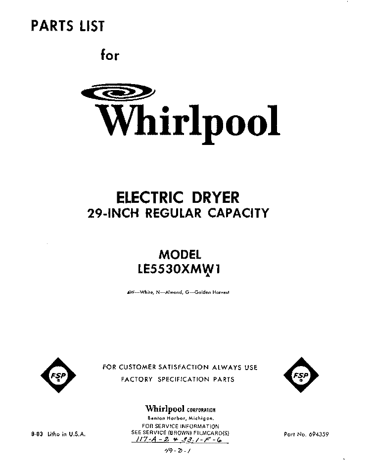 SECTION Diagram and Parts List for LE5530XMW1  Whirlpool Dryer