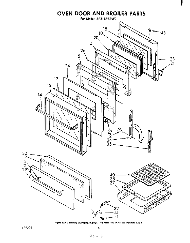 OVEN DOOR AND BROILER Diagram and Parts List for SF310PSPW0  Whirlpool Range