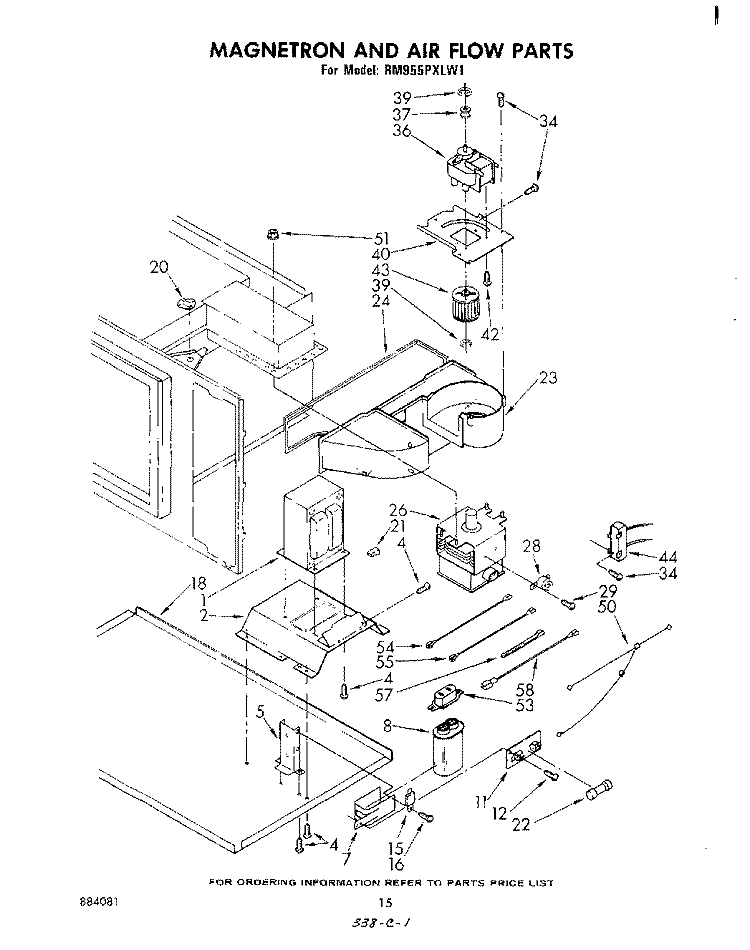 MAGNETRON AND AIR FLOW Diagram and Parts List for RM955PXLW1  Whirlpool Microwave Oven Combo