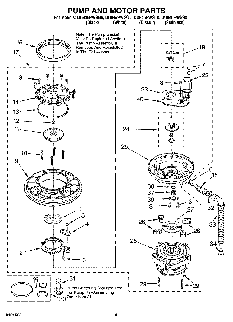 PUMP AND MOTOR PARTS Diagram and Parts List for DU945PWSQ0  Whirlpool Dishwasher