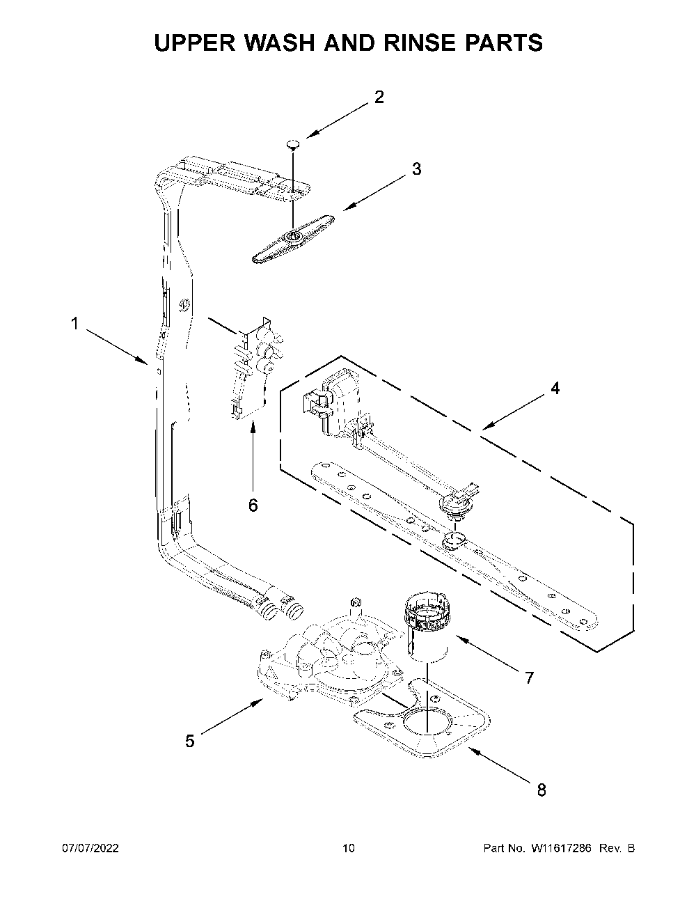 Upper Wash And Rinse Parts Diagram and Parts List for KDTE204KBL1  KitchenAid Dishwasher