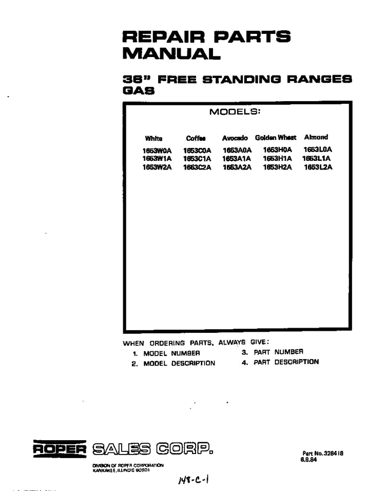 Front Cover Diagram and Parts List for 1653*2A  Roper Range