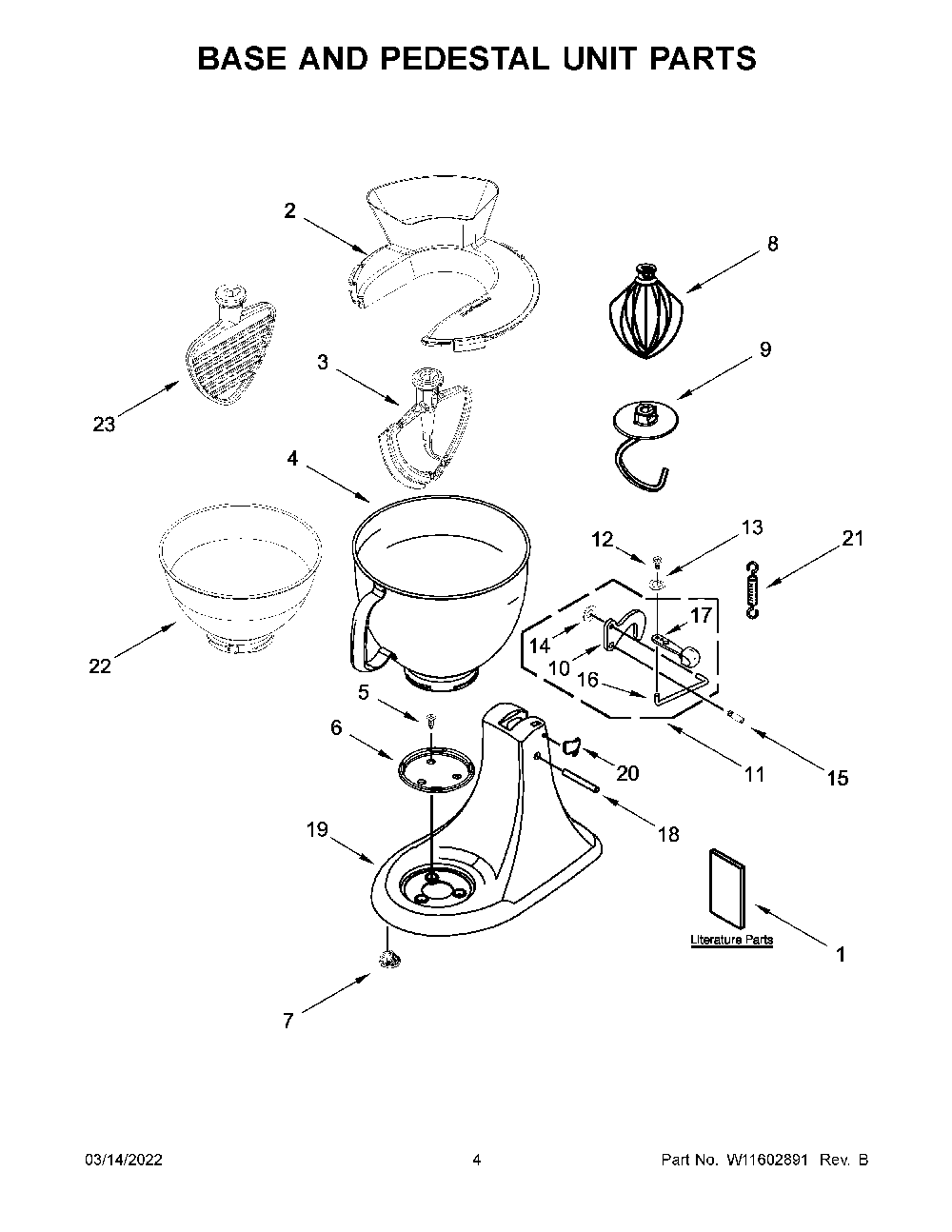 Base And Pedestal Unit Parts Diagram and Parts List for 5KSM195PSWBM0  KitchenAid Mixer