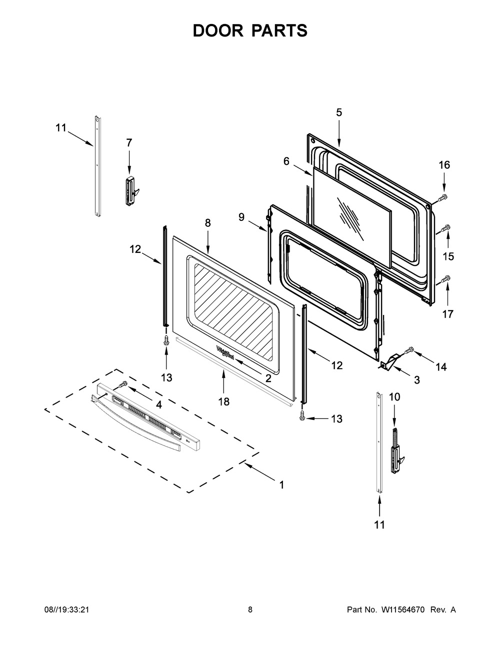 Door Parts Diagram and Parts List for YWFC150M0JW1  Whirlpool Range