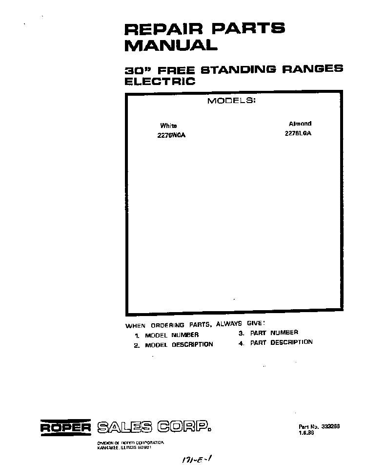 Front Cover Diagram and Parts List for 2276*0A  Roper Range