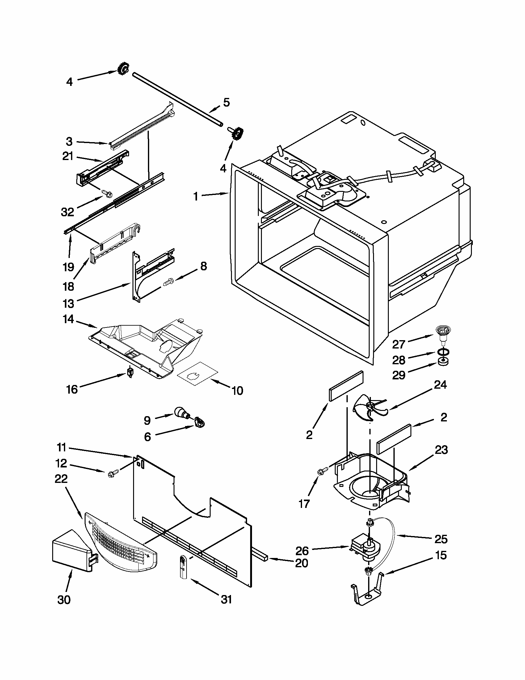 Freezer Liner Parts Diagram and Parts List for 59672013017  Kenmore Refrigerator