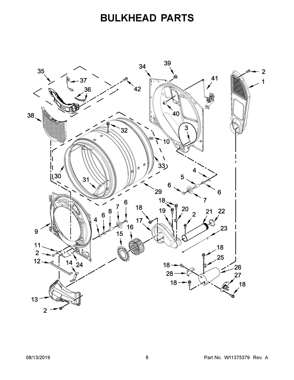 Bulkhead Parts Diagram and Parts List for 7MWGD6621HC1  Whirlpool Dryer
