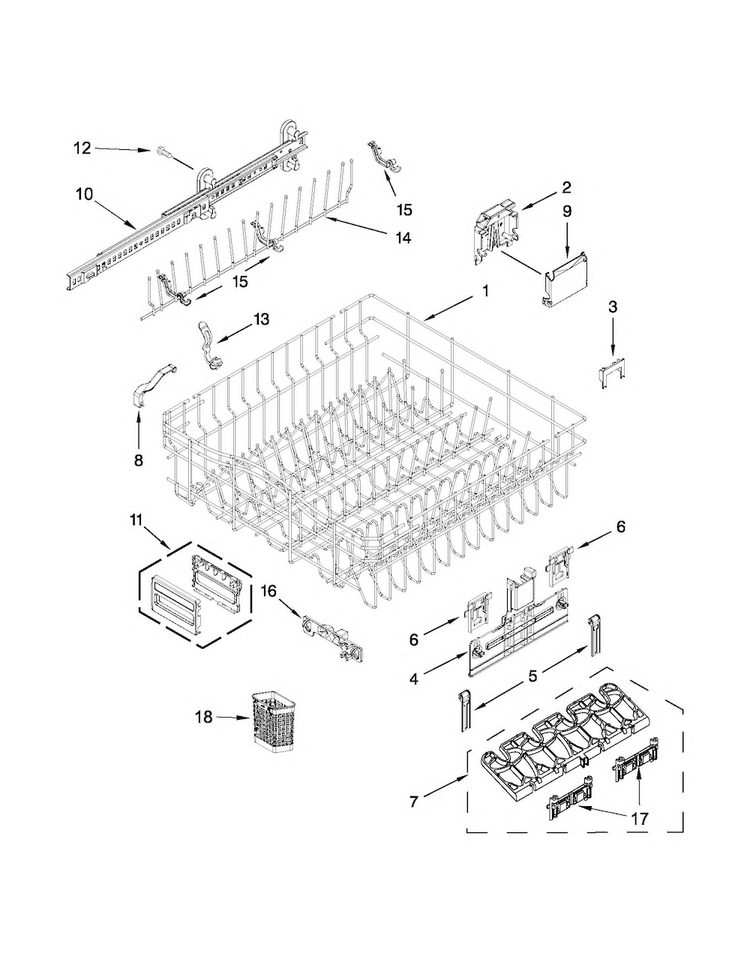 Upper Rack And Track Parts Diagram and Parts List for KUDE48FXSS6  KitchenAid Dishwasher