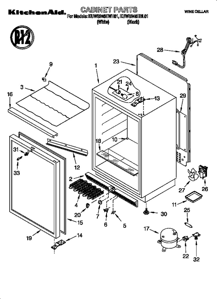 Cabinet Diagram and Parts List for KUWS246EWH1  KitchenAid Wine and Beverage Cooler