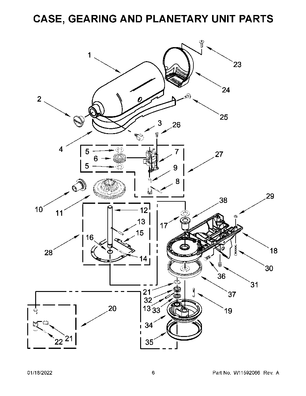 Case, Gearing And Planetary Unit Parts Diagram and Parts List for 5KSM130WER0  KitchenAid Mixer