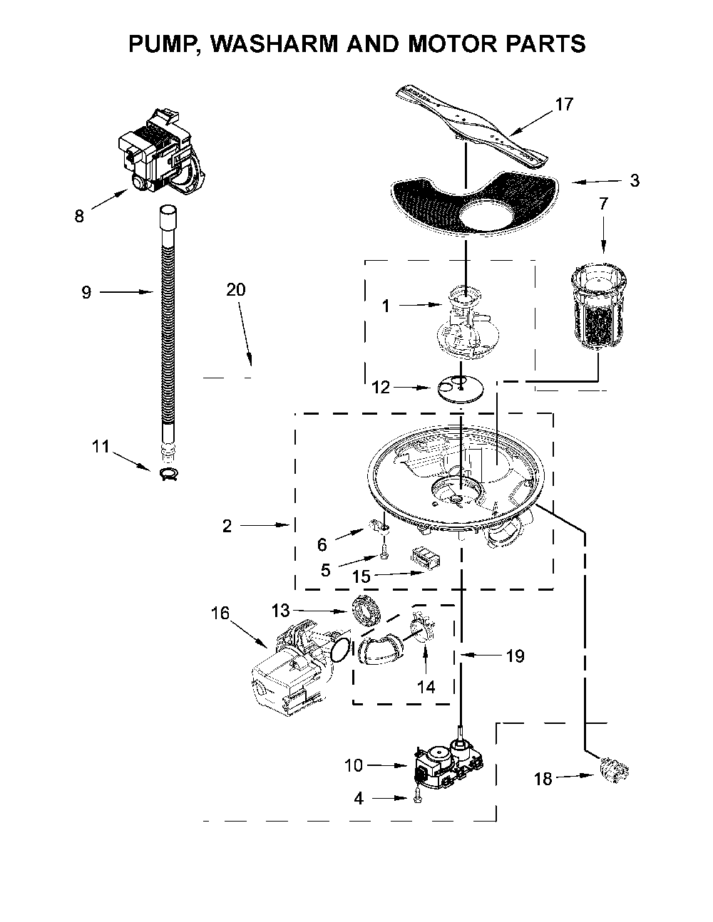 Pump, washarm and motor parts Diagram and Parts List for 66513209N413  Kenmore Dishwasher