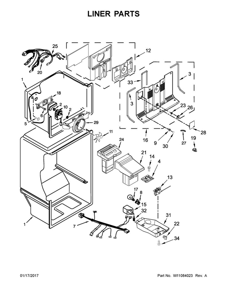 Liner Parts Diagram and Parts List for WRT316SFDW01  Whirlpool Refrigerator