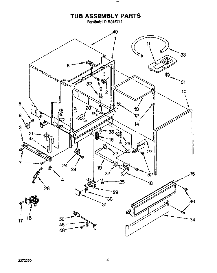 TUB ASSEMBLY Diagram and Parts List for DU8016XX4  Whirlpool Dishwasher
